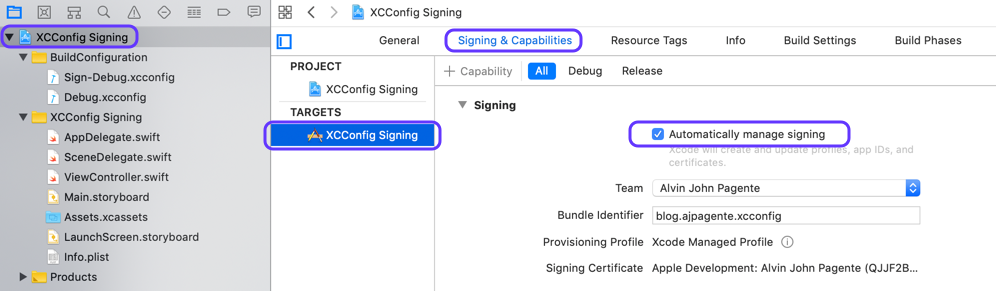 Configure XCode Project Signing with xcconfig - ajpagente